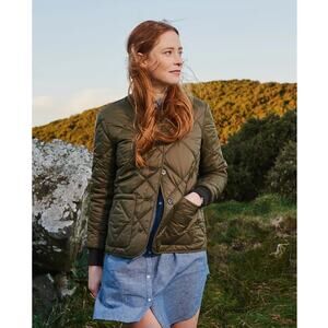 Barbour Freckleton Quilted Bomber Jacket Olive Green Front Button Size US 14 New